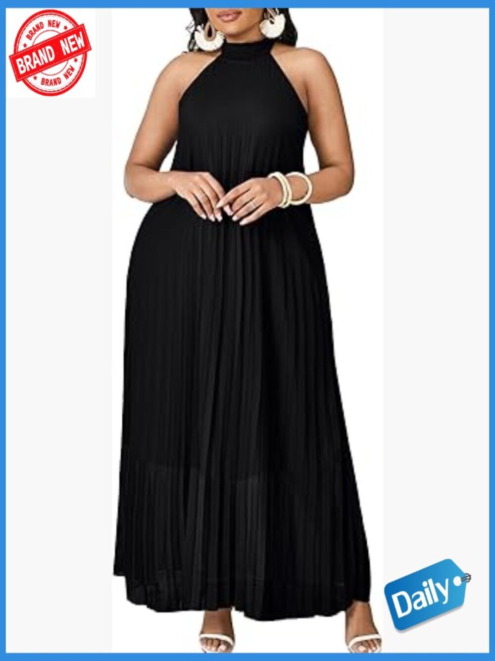Plus Size Maxi Dress Sleeveless Halter Neck Chiffon Pleated Long Dress with